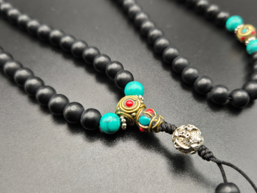 Shaligram Mala-Gebetskette mit Ethno-Schmuck | 108+1 Perlen | ca. 8mm